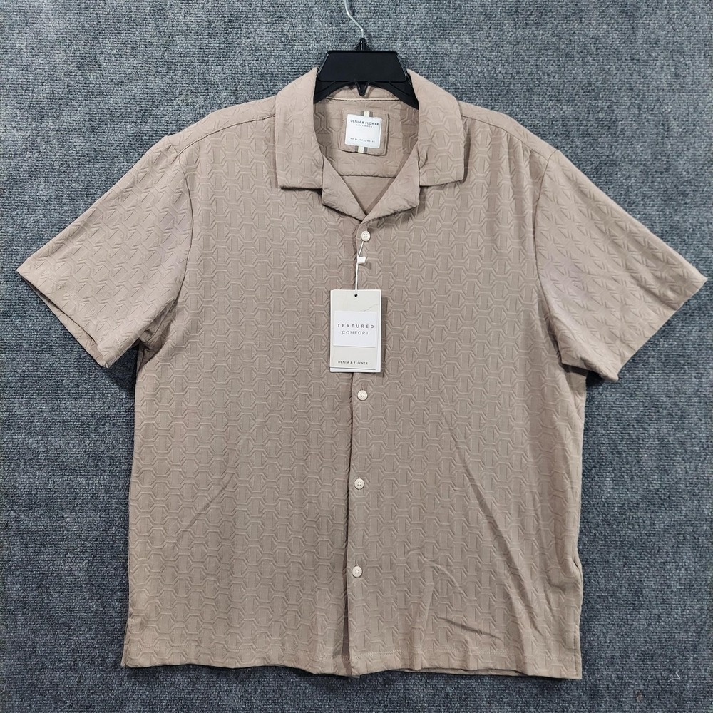 Denim & Flower Shirt Mens XL Beige Short Sleeve‎ Button Up Textured Geometric